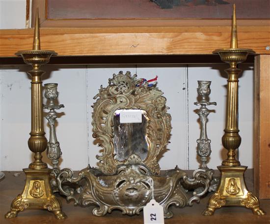 Pr church candlesticks, another pair, mirror & jardiniere